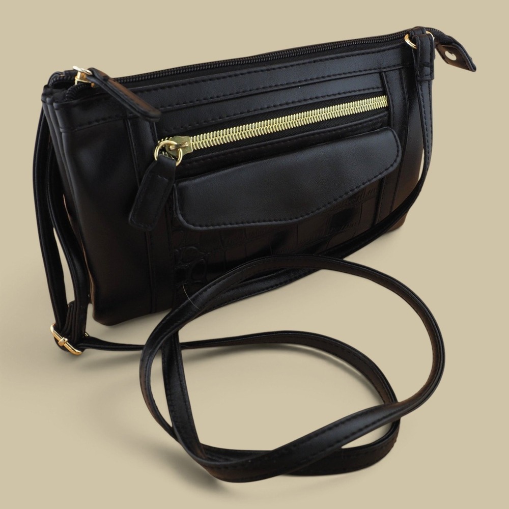 Black Faux Leather Croc Embossed Crossbody Bag Gold Tone Hardware Zipper Pockets